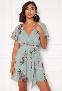 Goddiva Floral Flutter Skater Dress Duck Egg L (UK14)