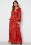 Goddiva Ditsy Long Sleeve Shirred Maxi Dress Red XS (UK8)