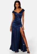 Goddiva Satin Bardot Pleat Maxi With Split Navy L (UK14)