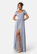 Goddiva Bardot Rouched Maxi Split Dress Light blue XS (UK8)