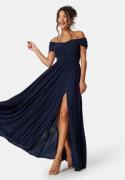 Goddiva Bardot Rouched Maxi Split Dress Navy S (UK10)