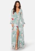 Goddiva Floral Long Sleeve Chiffon Maxi Dress Green L (UK14)