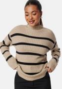 VILA Viril Mockneck L/S Knit Rib Top Natural Melange Stripes:BLACK M