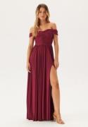 Goddiva Bardot Rouched Maxi Split Dress Berry L (UK14)