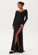 Goddiva Long Sleeve Bardot Pleat Maxi With Split Black L (UK14)