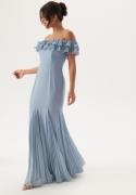 Goddiva Frilly Chiffon Off Shoulder Maxi Dress Dusky Blue M (UK12)