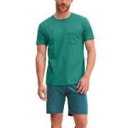 Calida Relax Imprint O Neck Short Pyjama Grön bomull X-Large Herr