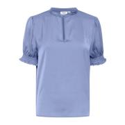 Saint Tropez Feminin Blus med Puffärmar och Nyckelhålsdetalj Blue, Dam