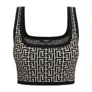 Balmain Kort bicolor jacquard sport-bh-topp med monogram. Black, Dam