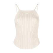 Courrèges Logo-Broderad Ribbstickad Top Beige, Dam