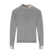 Manuel Ritz Grå ull crewneck tröja med beige detaljer Gray, Herr