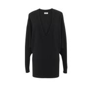 Saint Laurent Svart V-Ringad Ullklänning Black, Dam