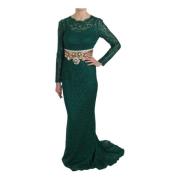 Dolce & Gabbana Pre-owned Crystal Gold Belt Lace Sheath Gown Dress Gre...