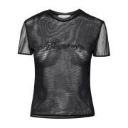 Blumarine Stretch Tulle Rhinestone Logo T-Shirt Black, Dam