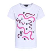 Emporio Armani Vit T-shirt med Kort Ärm, Fuchsia Tryck och Paljetter W...