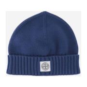 Stone Island Blå Bomullsblandning Beanie med Logo Label Blue, Herr