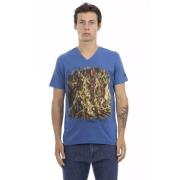 Trussardi Blå Bomull V-Hals T-Shirt med Framsida Tryck Blue, Herr