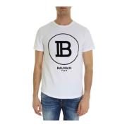 Balmain Bomull Logo Velvet Tee - Klassisk Passform White, Herr