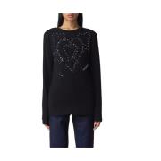 Love Moschino Rhinestone Heart Crew Neck T-Shirt Black, Dam