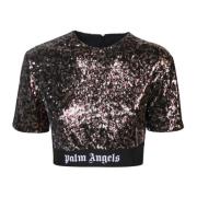 Palm Angels Sequin Animalier Crop T-Shirt Brown, Dam