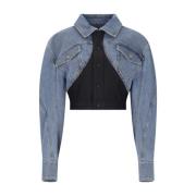 Mugler Denim Crop Jacka med Klisk Krage och Knappstängning Blue, Dam