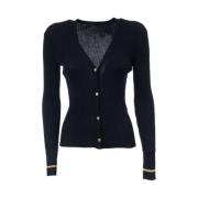 Max Mara Studio Blå Ribbstickad Ull Cardigan med Guld Lurex Kant Blue,...