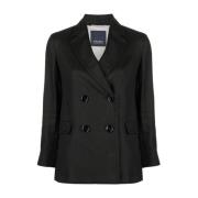 Max Mara Svart Linne Dubbelknäppt Blazer Black, Dam