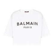 Balmain Cropped T-shirt med logotryck White, Dam