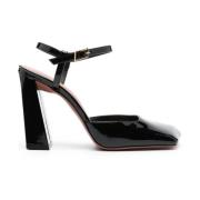 Amina Muaddi Svart Slingback i Lack med Chunky Klack Black, Dam