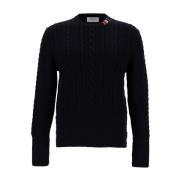 Thom Browne Blå Cable Knit Tröja med RWB Stripe Detalj Blue, Herr