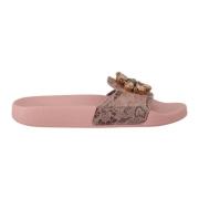 Dolce & Gabbana Lace Crystal Sandaler Slides Pink, Dam