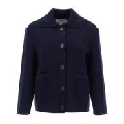 Thom Browne Bomullskashmirstickad jacka med ribbad krage Blue, Dam