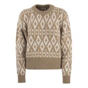 Brunello Cucinelli Dazzling Vintage Jacquard Cashmere Sweater Beige, D...