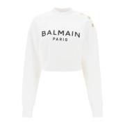 Balmain Cropped Sweatshirt med Logotryck och Knappar White, Dam