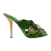 Dolce & Gabbana Jungle Leaf Satin Mules med Kristaller Green, Dam