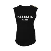 Balmain Svart Ärmelös T-shirt i Bomull med Vit Logotyptryck Black, Dam