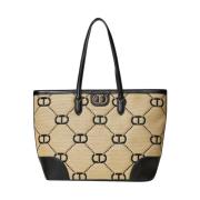 Twinset Svart Logo Jacquard Shopper Väska Beige, Dam