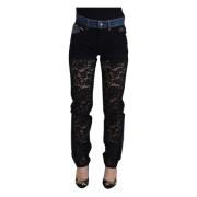 Dolce & Gabbana Blommig Spets Fram Denim Jeans Black, Dam