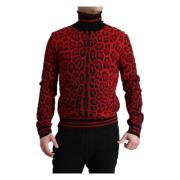 Dolce & Gabbana Röd Leopardtryck Turtleneck Tröja Multicolor, Herr