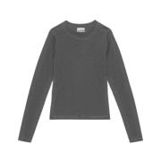 Ganni Slim Stretch Jersey Tee med Rhinestone Design Gray, Dam