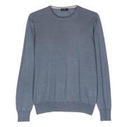 Barba Lyxig Ull Silk Crew-Neck Stickad tröja Blue, Herr