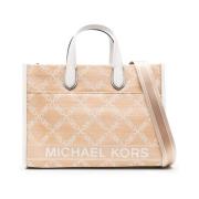 Michael Kors Väska i halm med läderdetaljer och monogram-jacquard Beig...