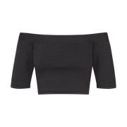 Cortana Silk Stretch Off-Shoulder Crop Top Black, Dam