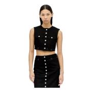 Courrèges Denim Crop Vest med Logo Broderi Black, Dam