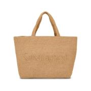 Saint Laurent Raffia Tote med Broderat Logotyp Beige, Dam