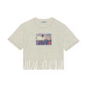 Ganni Fringe-Trim Bomull T-shirt White, Dam