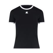 Courrèges Svart Logotyp Broderad T-Shirt Black, Dam