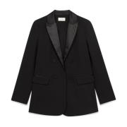 Oltre Satin-Detalj Crepe Scuba Blazer Black, Dam