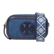 Tory Burch Denim Axelväska med Lärdetaljer Blue, Dam