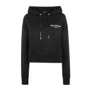 Balmain Flock Detail Cropped Hoodie Black, Dam